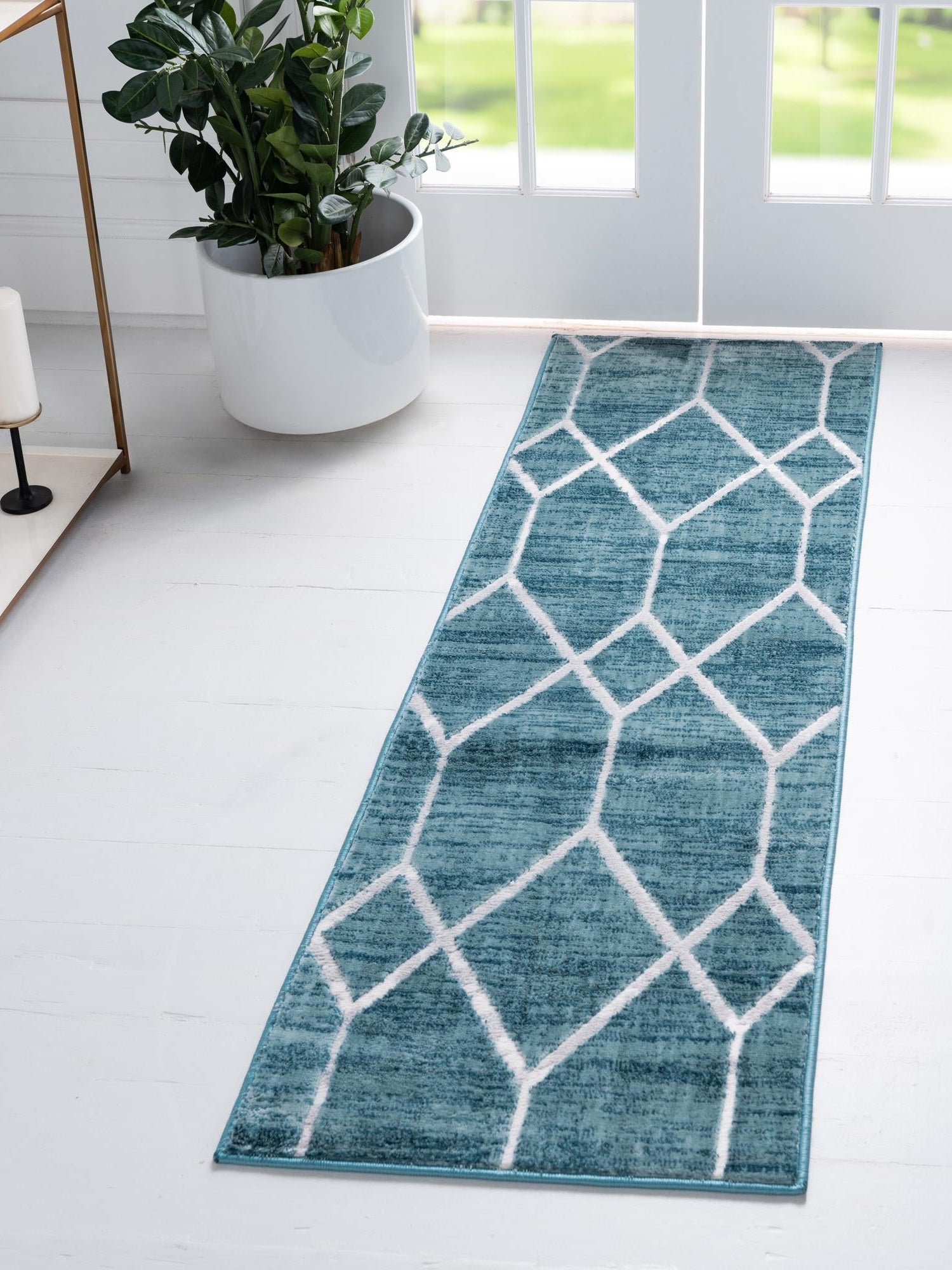 Blue 2' 7 x 16' 5 Matrix Trellis Runner Area Rug 100% Polyester Geometric Pattern Modern Carpet for Living, Dining, Bedroom, Office for Sale at Rug Engine