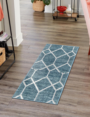 Blue 2' x 6' 1 Matrix Trellis Runner Area Rug 100% Polyester Geometric Pattern Modern Carpet for Living, Dining, Bedroom, Office for Sale at Rug Engine
