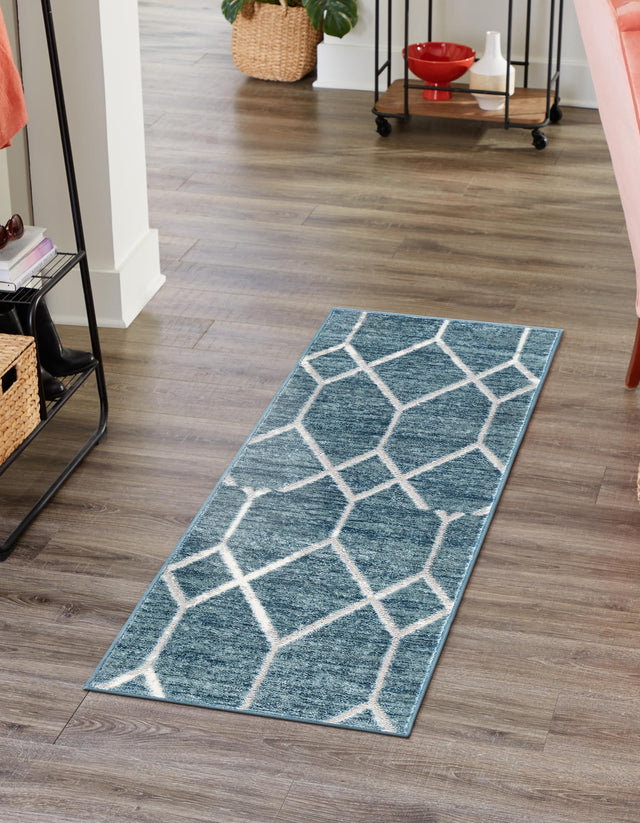 Blue 2' x 6' 1 Matrix Trellis Runner Area Rug 100% Polyester Geometric Pattern Modern Carpet for Living, Dining, Bedroom, Office for Sale at Rug Engine