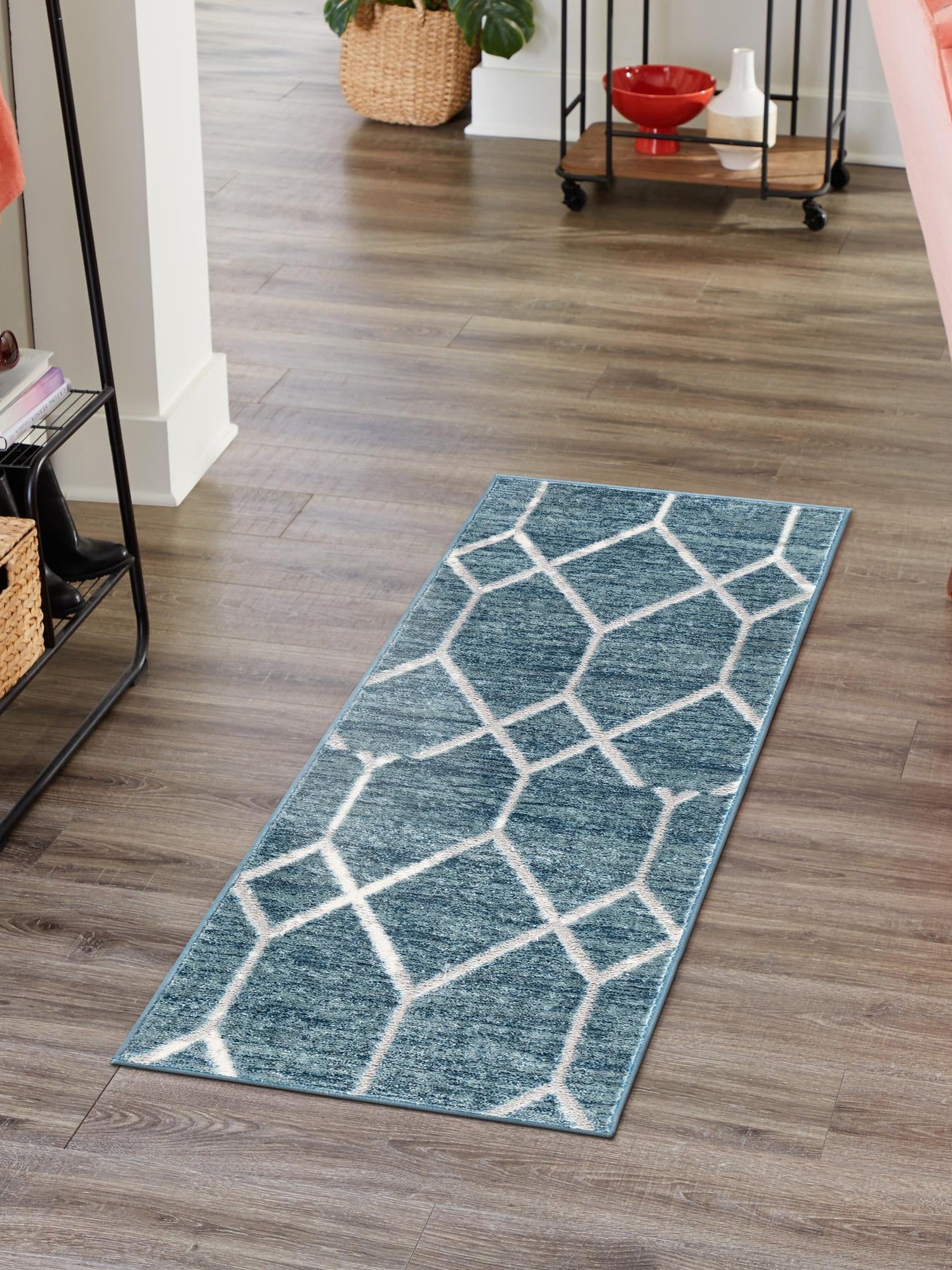 Blue 2' 7 x 16' 5 Matrix Trellis Runner Area Rug 100% Polyester Geometric Pattern Modern Carpet for Living, Dining, Bedroom, Office for Sale at Rug Engine