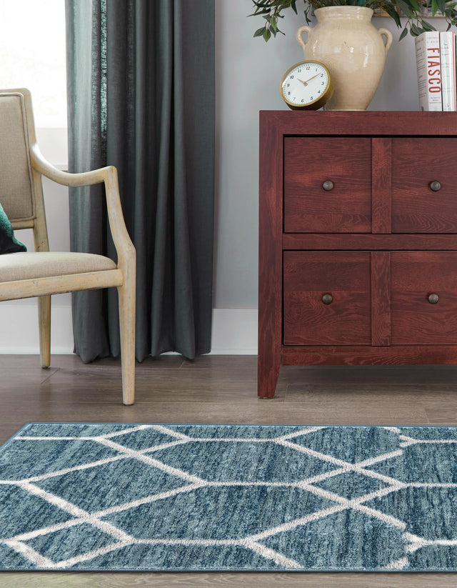 Blue 2' x 6' 1 Matrix Trellis Runner Area Rug 100% Polyester Geometric Pattern Modern Carpet for Living, Dining, Bedroom, Office for Sale at Rug Engine