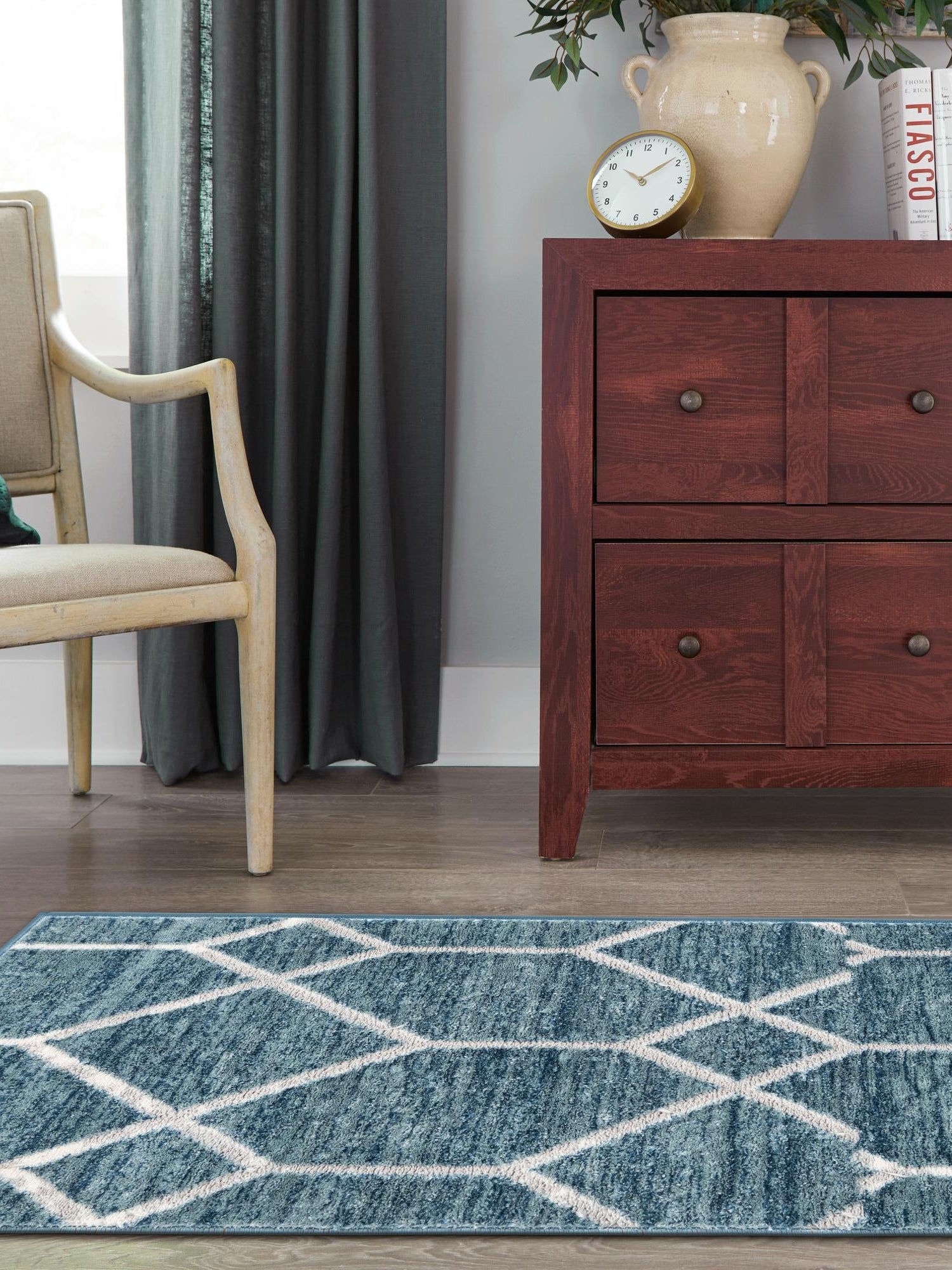Blue 3' x 10' Matrix Trellis Runner Area Rug 100% Polyester Geometric Pattern Modern Carpet for Living, Dining, Bedroom, Office for Sale at Rug Engine