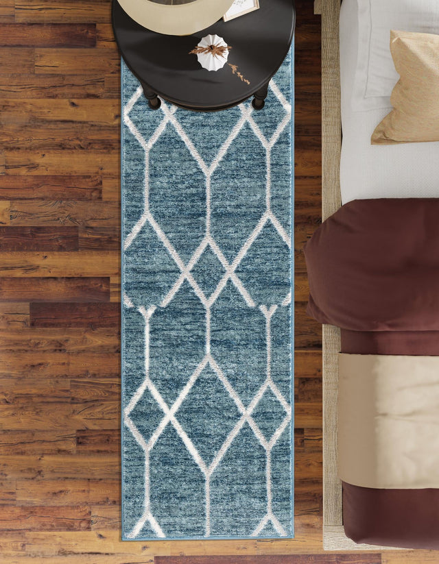 Blue 2' x 6' 1 Matrix Trellis Runner Area Rug 100% Polyester Geometric Pattern Modern Carpet for Living, Dining, Bedroom, Office for Sale at Rug Engine