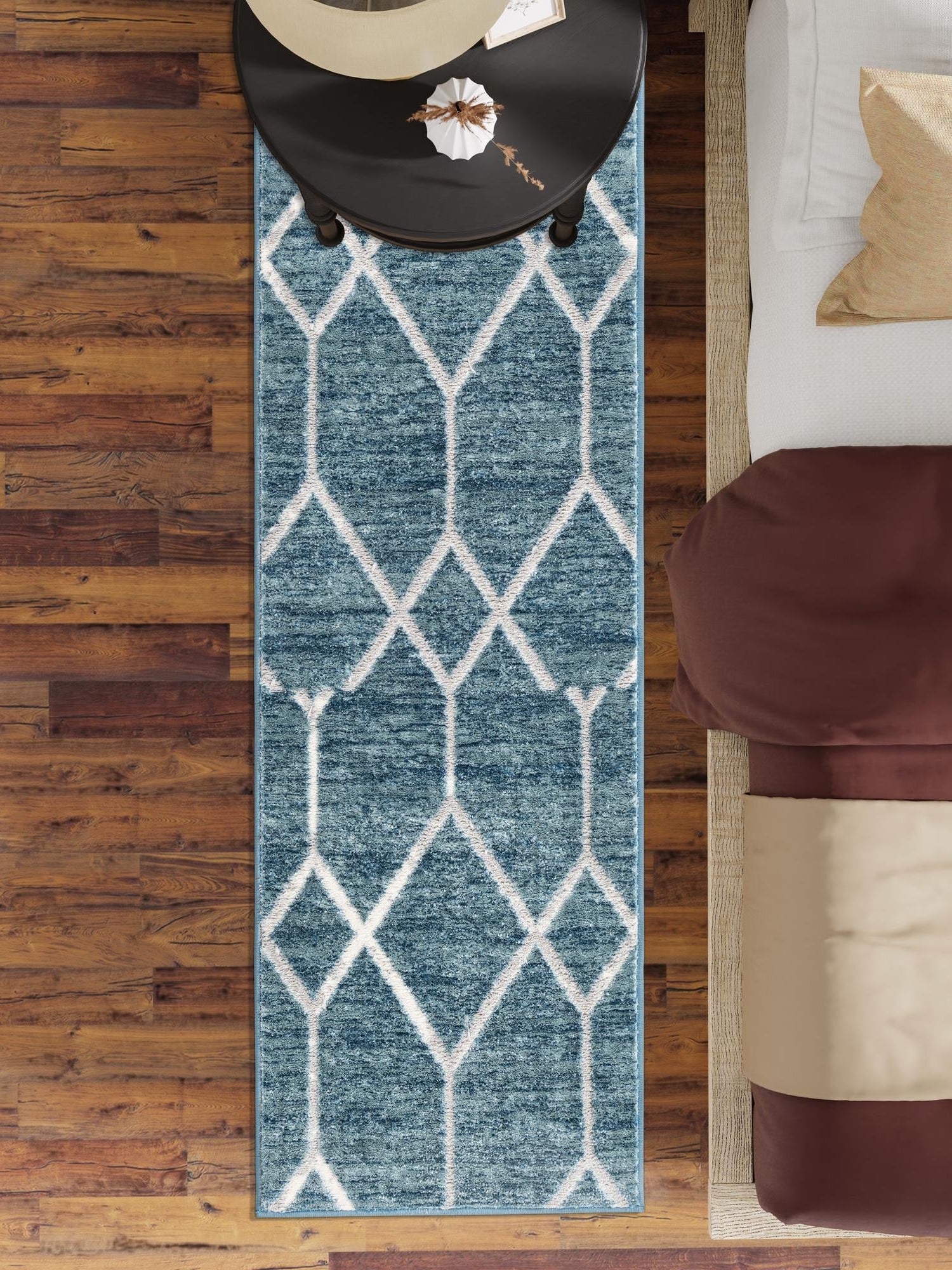Blue 3' x 10' Matrix Trellis Runner Area Rug 100% Polyester Geometric Pattern Modern Carpet for Living, Dining, Bedroom, Office for Sale at Rug Engine