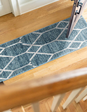 Blue 2' x 6' 1 Matrix Trellis Runner Area Rug 100% Polyester Geometric Pattern Modern Carpet for Living, Dining, Bedroom, Office for Sale at Rug Engine