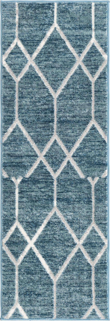 Blue 2' x 6' 1 Matrix Trellis Runner Area Rug 100% Polyester Geometric Pattern Modern Carpet for Living, Dining, Bedroom, Office for Sale at Rug Engine