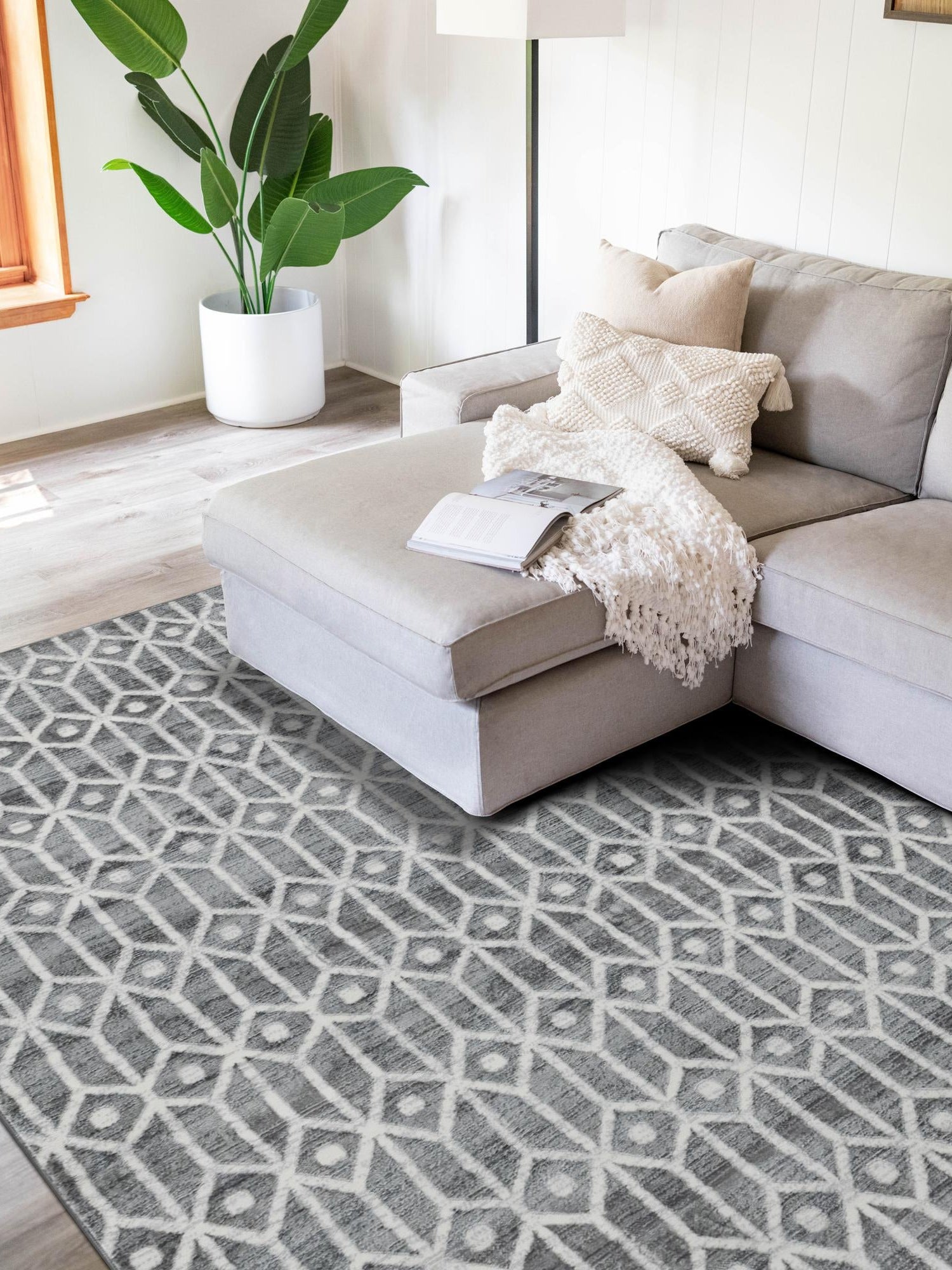 Gray 5' 1 x 8' Matrix Trellis Rectangle Area Rug 100% Polyester Geometric Pattern Modern Carpet for Living, Dining, Bedroom, Office for Sale at Rug Engine