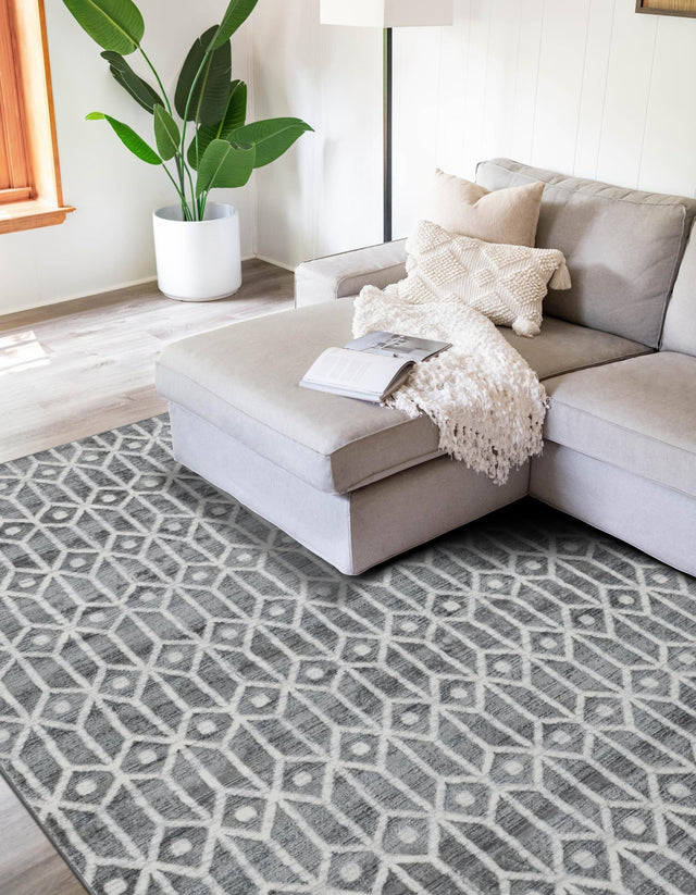 Gray 5' 1 x 8' Matrix Trellis Rectangle Area Rug 100% Polyester Geometric Pattern Modern Carpet for Living, Dining, Bedroom, Office for Sale at Rug Engine