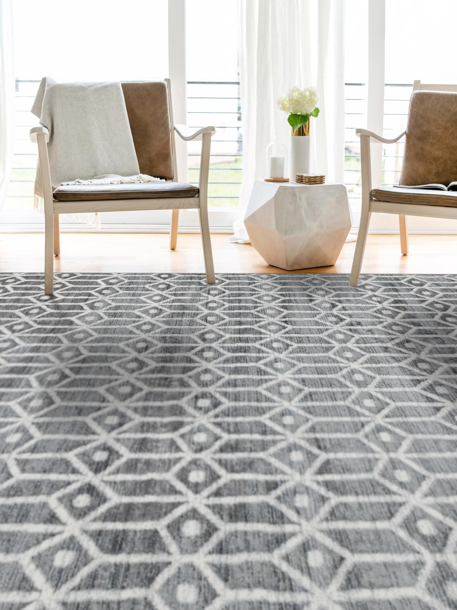 Gray 4' 1 x 6' 1 Matrix Trellis Rectangle Area Rug 100% Polyester Geometric Pattern Modern Carpet for Living, Dining, Bedroom, Office for Sale at Rug Engine