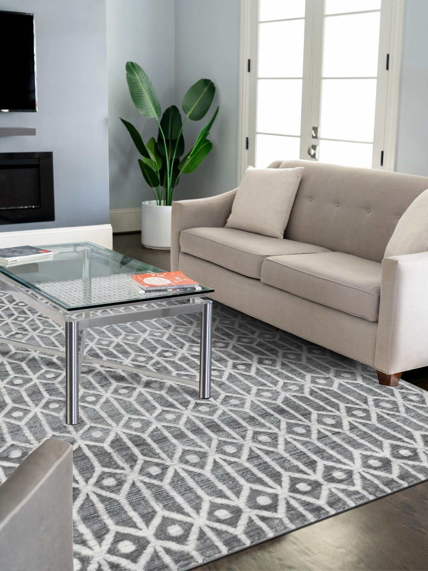 Gray 5' 1 x 8' Matrix Trellis Rectangle Area Rug 100% Polyester Geometric Pattern Modern Carpet for Living, Dining, Bedroom, Office for Sale at Rug Engine