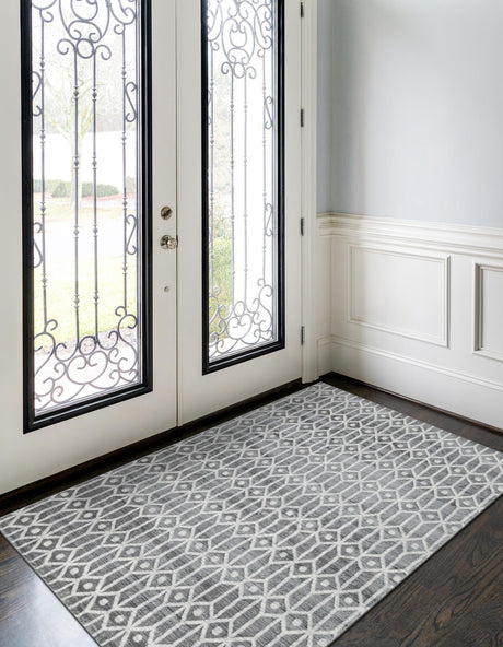 Gray 5' 1 x 8' Matrix Trellis Rectangle Area Rug 100% Polyester Geometric Pattern Modern Carpet for Living, Dining, Bedroom, Office for Sale at Rug Engine