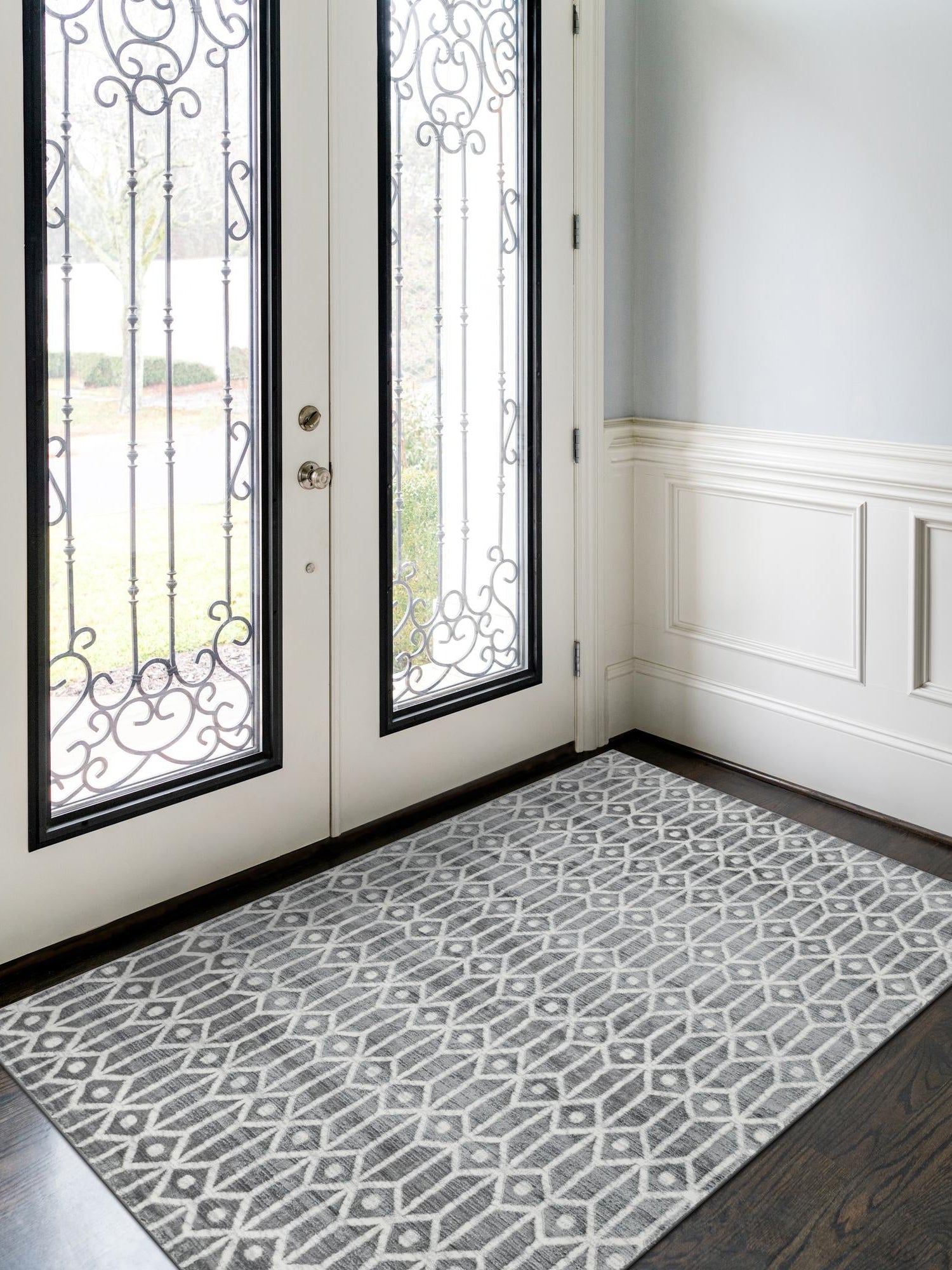 Gray 7' 1 x 10' Matrix Trellis Rectangle Area Rug 100% Polyester Geometric Pattern Modern Carpet for Living, Dining, Bedroom, Office for Sale at Rug Engine