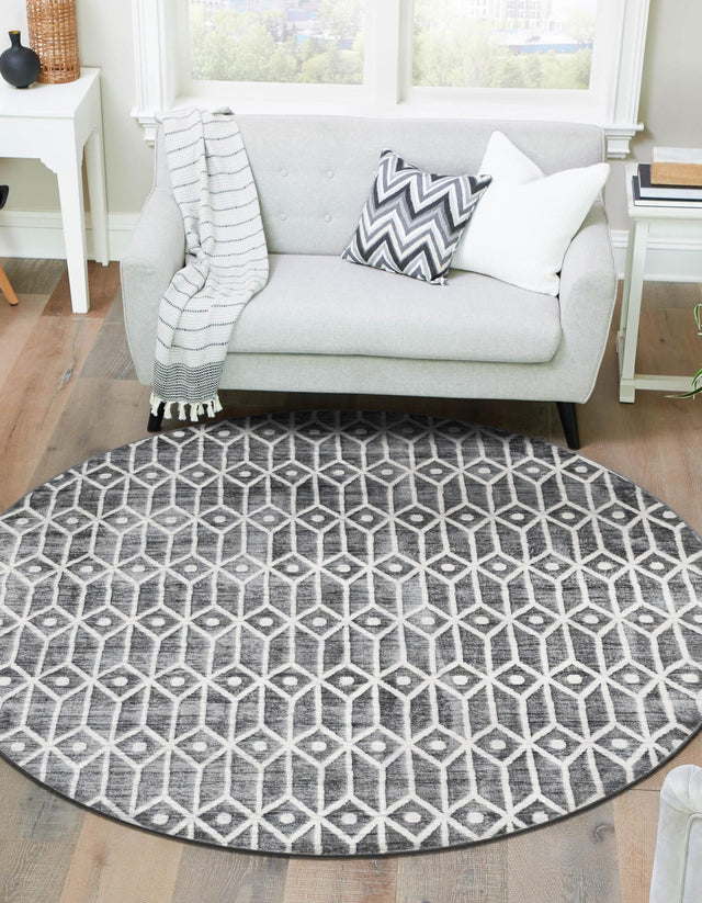 Gray 7' x 7' Matrix Trellis Round Area Rug 100% Polyester Geometric Pattern Modern Carpet for Living, Dining, Bedroom, Office for Sale at Rug Engine