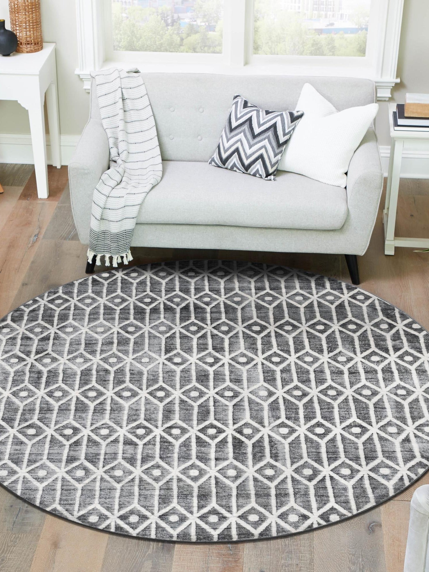 Gray 5' x 5' Matrix Trellis Round Area Rug 100% Polyester Geometric Pattern Modern Carpet for Living, Dining, Bedroom, Office for Sale at Rug Engine