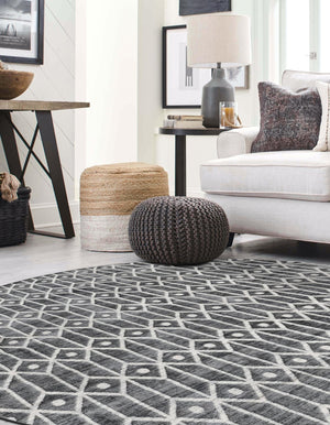 Gray 7' x 7' Matrix Trellis Round Area Rug 100% Polyester Geometric Pattern Modern Carpet for Living, Dining, Bedroom, Office for Sale at Rug Engine