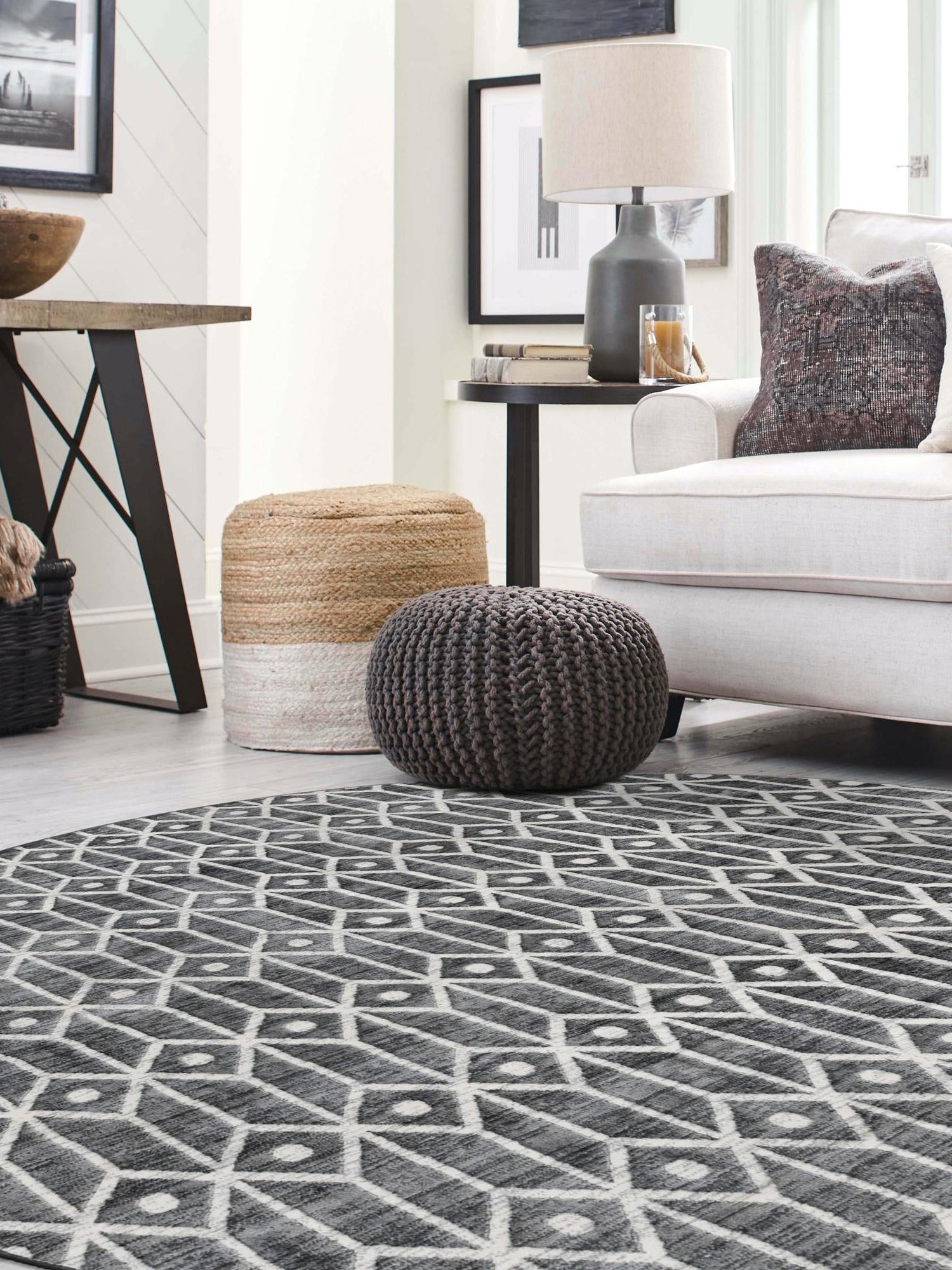 Gray 5' x 5' Matrix Trellis Round Area Rug 100% Polyester Geometric Pattern Modern Carpet for Living, Dining, Bedroom, Office for Sale at Rug Engine