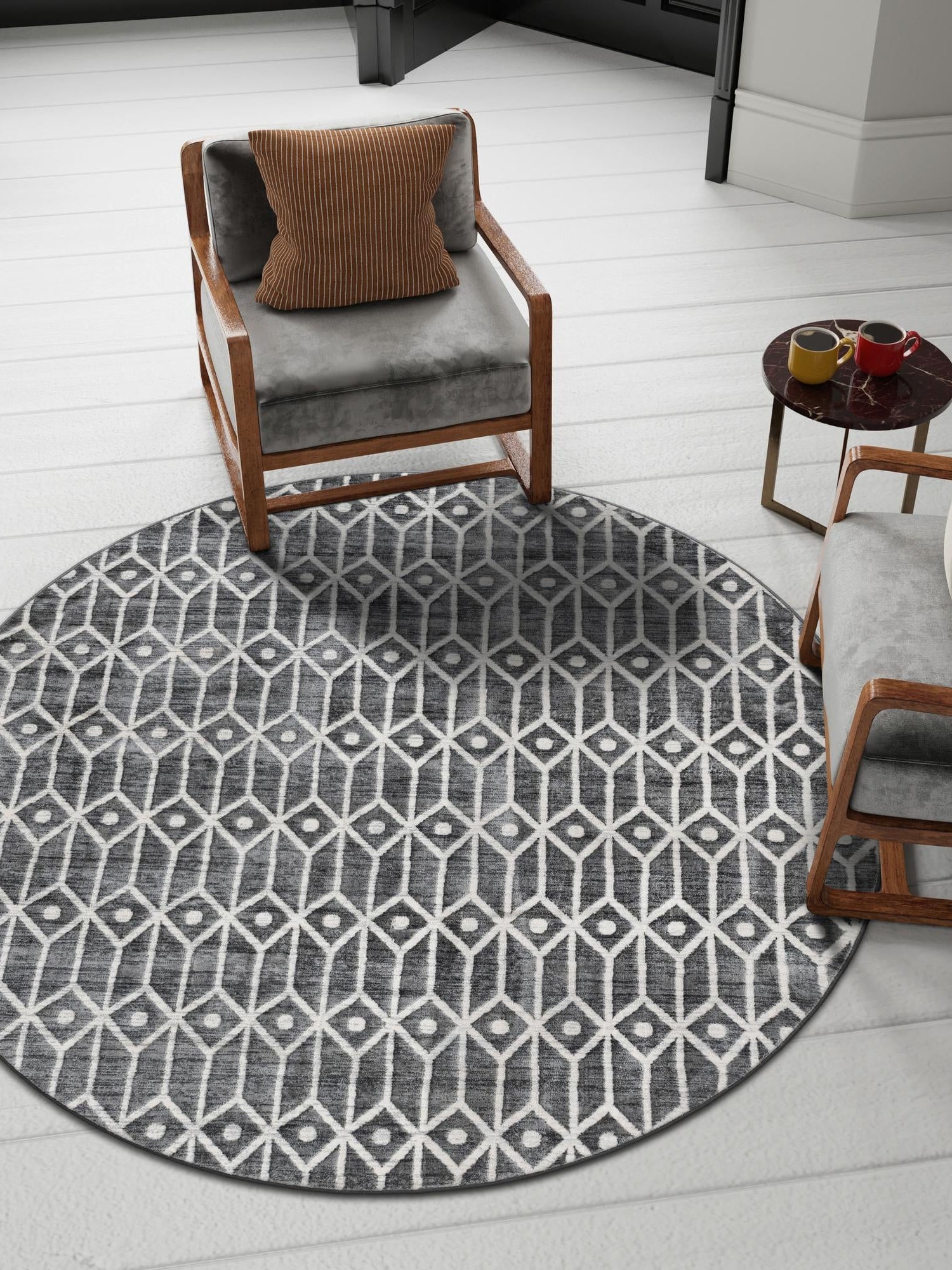 Gray 5' x 5' Matrix Trellis Round Area Rug 100% Polyester Geometric Pattern Modern Carpet for Living, Dining, Bedroom, Office for Sale at Rug Engine