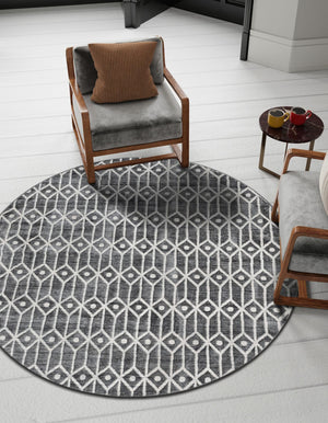 Gray 5' x 5' Matrix Trellis Round Area Rug 100% Polyester Geometric Pattern Modern Carpet for Living, Dining, Bedroom, Office for Sale at Rug Engine