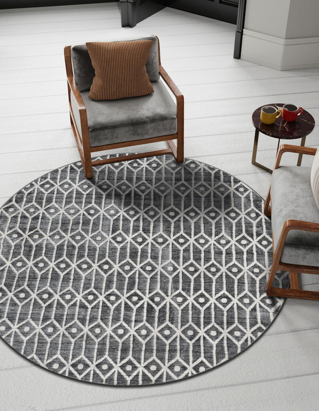 Gray 5' x 5' Matrix Trellis Round Area Rug 100% Polyester Geometric Pattern Modern Carpet for Living, Dining, Bedroom, Office for Sale at Rug Engine