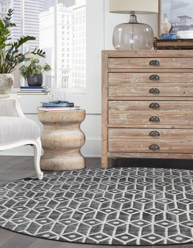 Gray 7' x 7' Matrix Trellis Round Area Rug 100% Polyester Geometric Pattern Modern Carpet for Living, Dining, Bedroom, Office for Sale at Rug Engine