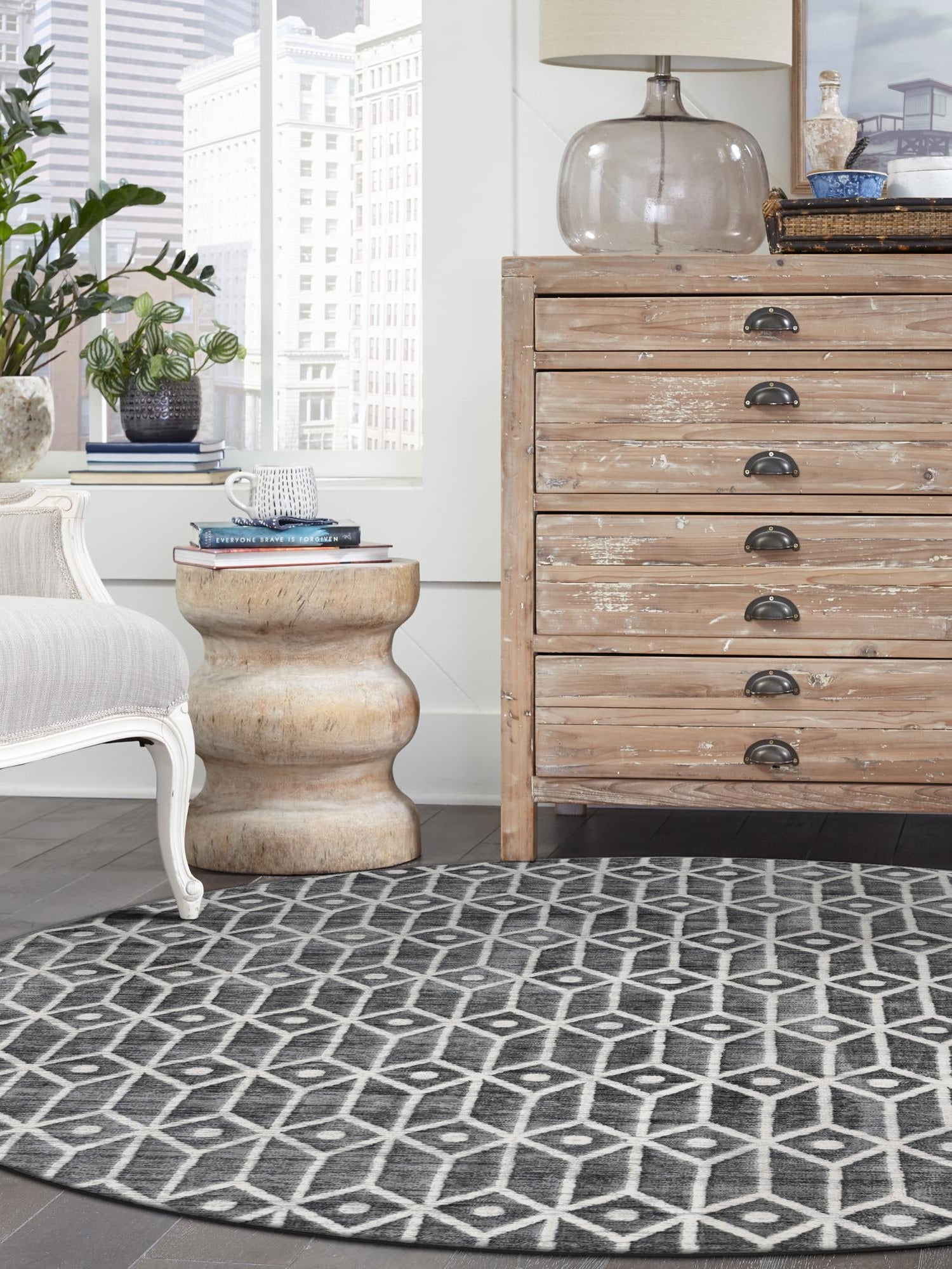 Gray 5' x 5' Matrix Trellis Round Area Rug 100% Polyester Geometric Pattern Modern Carpet for Living, Dining, Bedroom, Office for Sale at Rug Engine