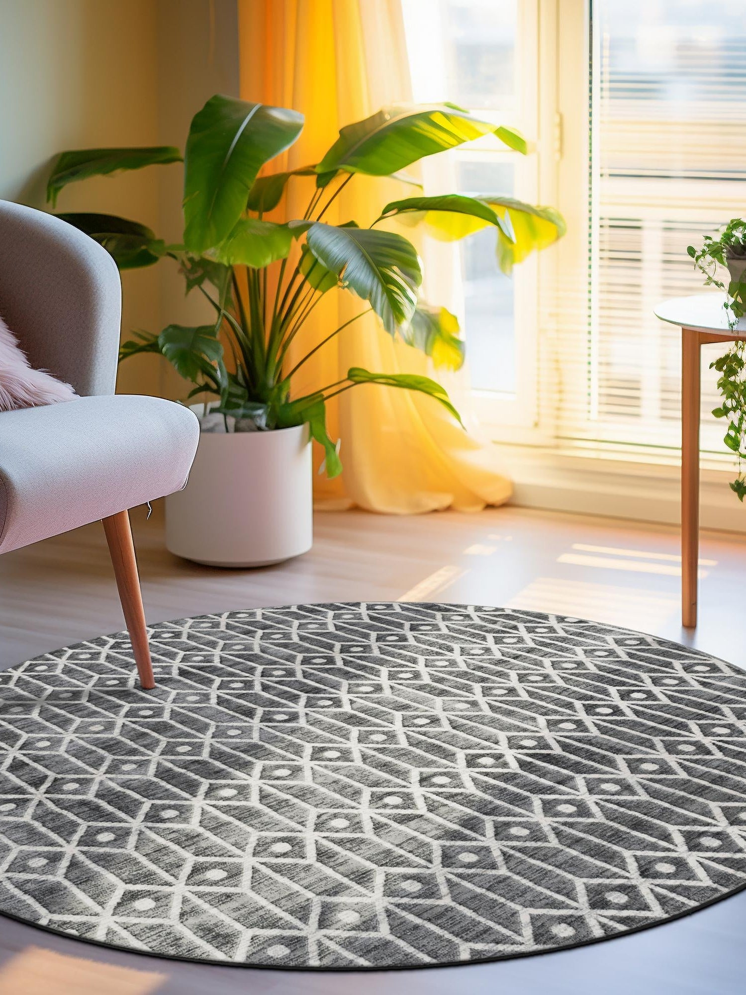 Gray 5' x 5' Matrix Trellis Round Area Rug 100% Polyester Geometric Pattern Modern Carpet for Living, Dining, Bedroom, Office for Sale at Rug Engine