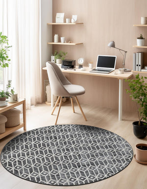 Gray 5' x 5' Matrix Trellis Round Area Rug 100% Polyester Geometric Pattern Modern Carpet for Living, Dining, Bedroom, Office for Sale at Rug Engine
