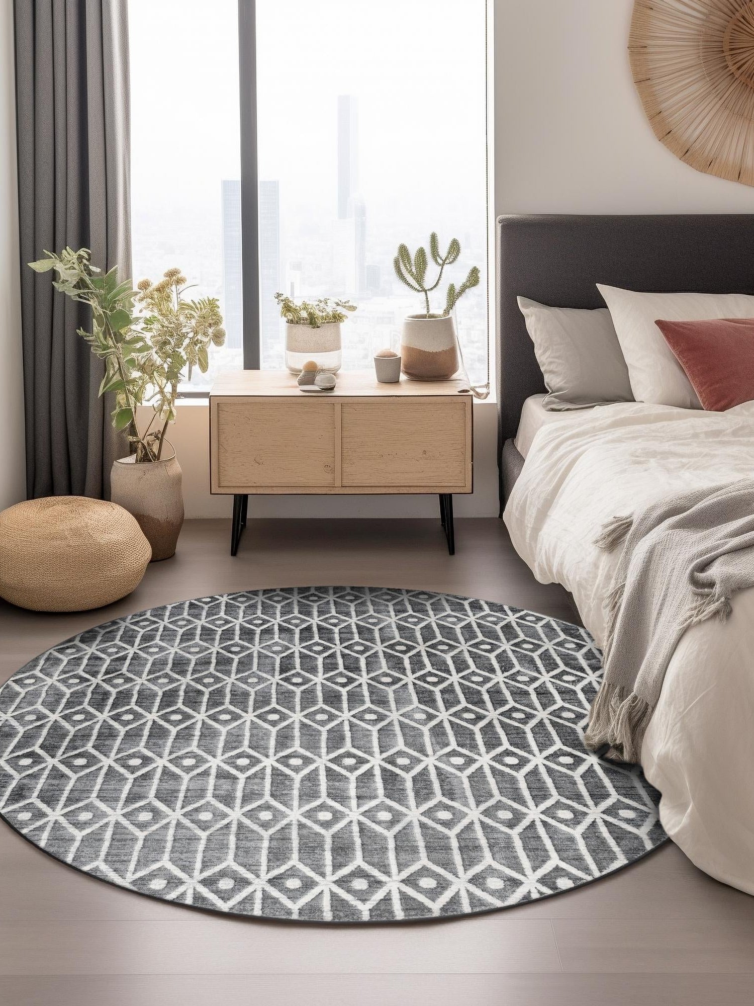 Gray 5' x 5' Matrix Trellis Round Area Rug 100% Polyester Geometric Pattern Modern Carpet for Living, Dining, Bedroom, Office for Sale at Rug Engine