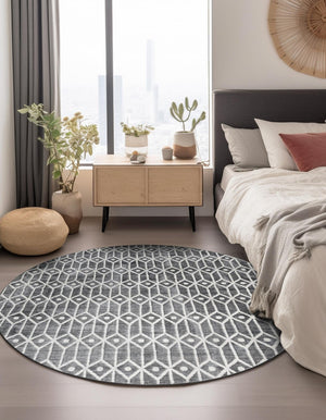 Gray 5' x 5' Matrix Trellis Round Area Rug 100% Polyester Geometric Pattern Modern Carpet for Living, Dining, Bedroom, Office for Sale at Rug Engine