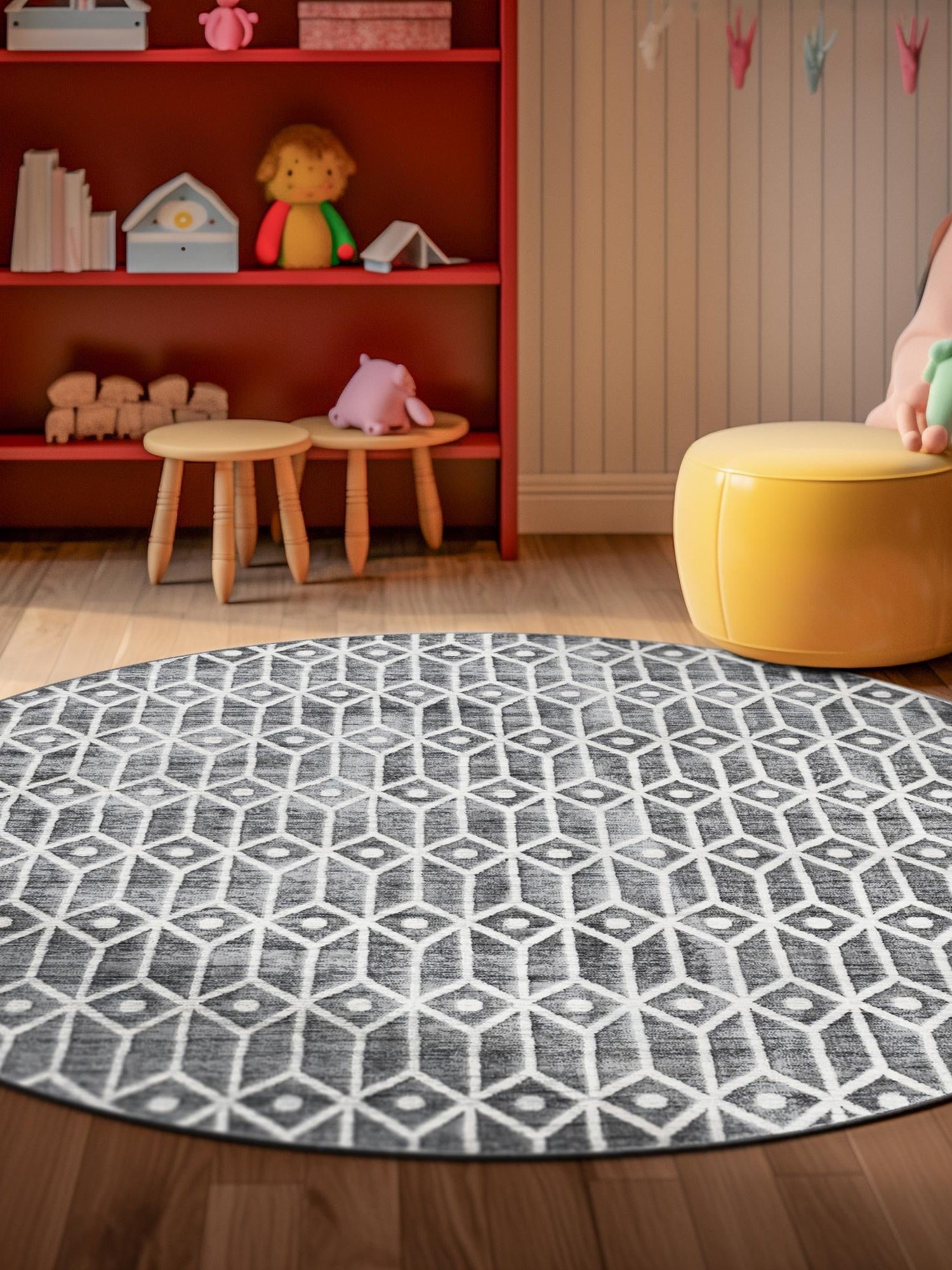 Gray 5' x 5' Matrix Trellis Round Area Rug 100% Polyester Geometric Pattern Modern Carpet for Living, Dining, Bedroom, Office for Sale at Rug Engine
