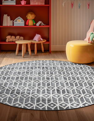 Gray 5' x 5' Matrix Trellis Round Area Rug 100% Polyester Geometric Pattern Modern Carpet for Living, Dining, Bedroom, Office for Sale at Rug Engine