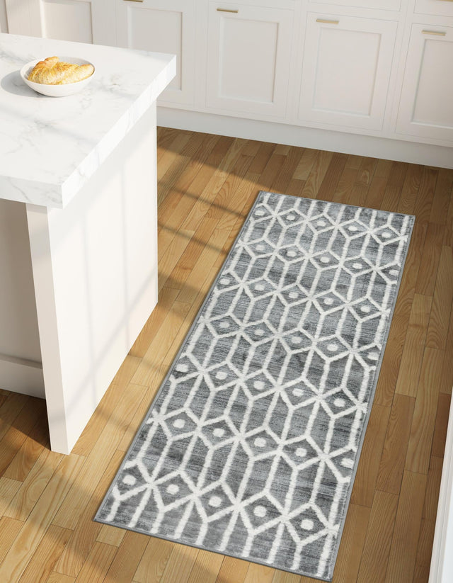 Gray 2' x 6' 1 Matrix Trellis Runner Area Rug 100% Polyester Geometric Pattern Modern Carpet for Living, Dining, Bedroom, Office for Sale at Rug Engine