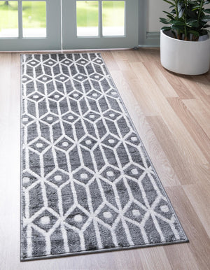 Gray 2' 7 x 13' Matrix Trellis Runner Area Rug 100% Polyester Geometric Pattern Modern Carpet for Living, Dining, Bedroom, Office for Sale at Rug Engine