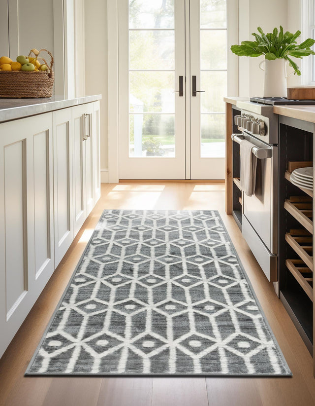 Gray 3' x 10' Matrix Trellis Runner Area Rug 100% Polyester Geometric Pattern Modern Carpet for Living, Dining, Bedroom, Office for Sale at Rug Engine