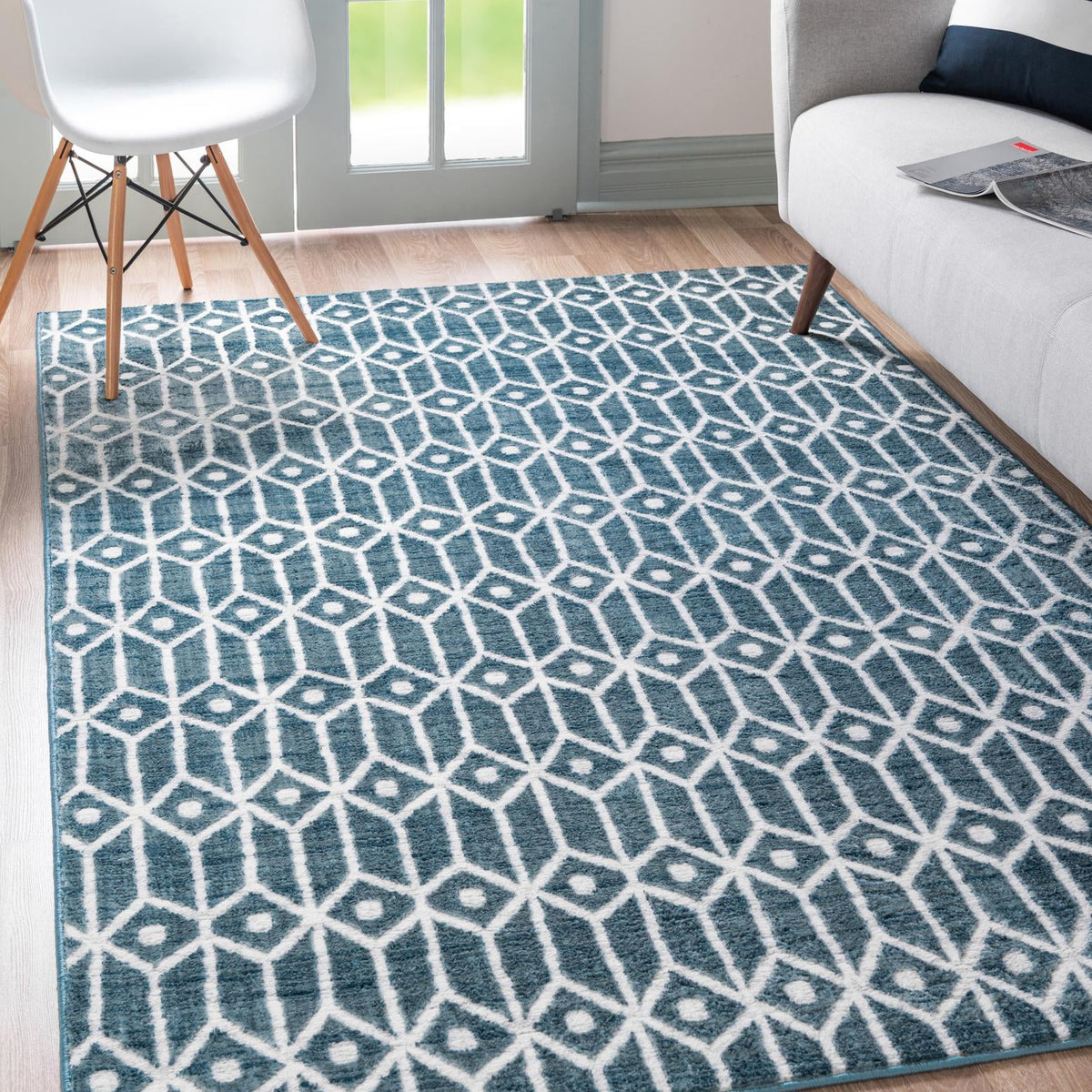 Blue 9' x 12' Matrix Trellis Rectangle Area Rug 100% Polyester Geometr ...