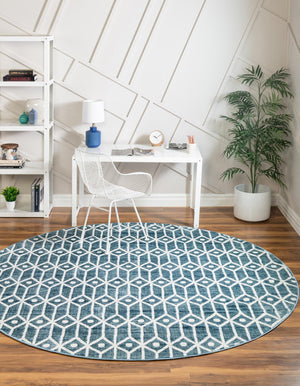 Blue 8' x 8' Matrix Trellis Round Area Rug 100% Polyester Geometric Pattern Modern Carpet for Living, Dining, Bedroom, Office for Sale at Rug Engine