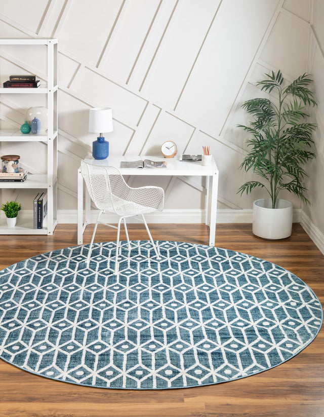 Blue 8' x 8' Matrix Trellis Round Area Rug 100% Polyester Geometric Pattern Modern Carpet for Living, Dining, Bedroom, Office for Sale at Rug Engine
