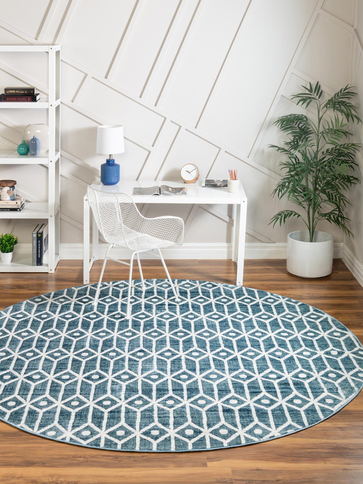 Blue 7' x 7' Matrix Trellis Round Area Rug 100% Polyester Geometric Pattern Modern Carpet for Living, Dining, Bedroom, Office for Sale at Rug Engine