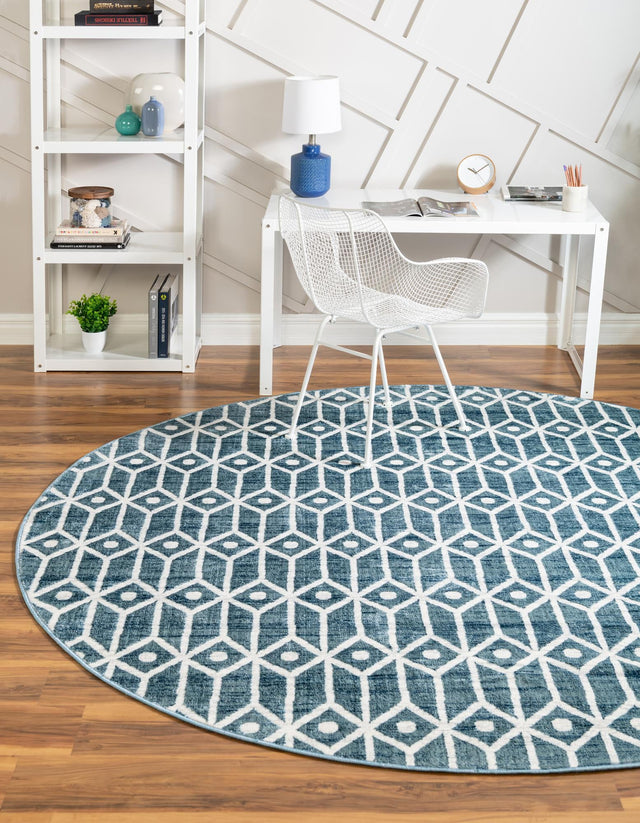 Blue 8' x 8' Matrix Trellis Round Area Rug 100% Polyester Geometric Pattern Modern Carpet for Living, Dining, Bedroom, Office for Sale at Rug Engine