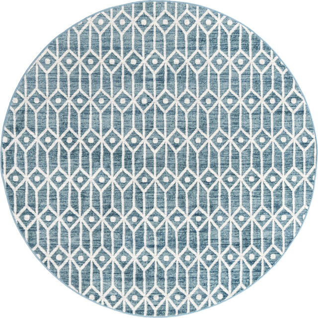 Blue 8' x 8' Matrix Trellis Round Area Rug 100% Polyester Geometric Pattern Modern Carpet for Living, Dining, Bedroom, Office for Sale at Rug Engine