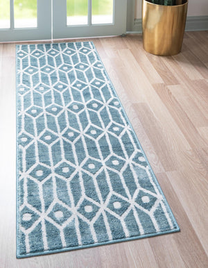 Blue 2' 7 x 16' 5 Matrix Trellis Runner Area Rug 100% Polyester Geometric Pattern Modern Carpet for Living, Dining, Bedroom, Office for Sale at Rug Engine