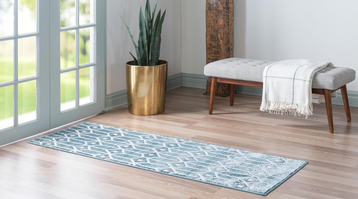 Blue 2' 7 x 16' 5 Matrix Trellis Runner Area Rug 100% Polyester Geometric Pattern Modern Carpet for Living, Dining, Bedroom, Office for Sale at Rug Engine