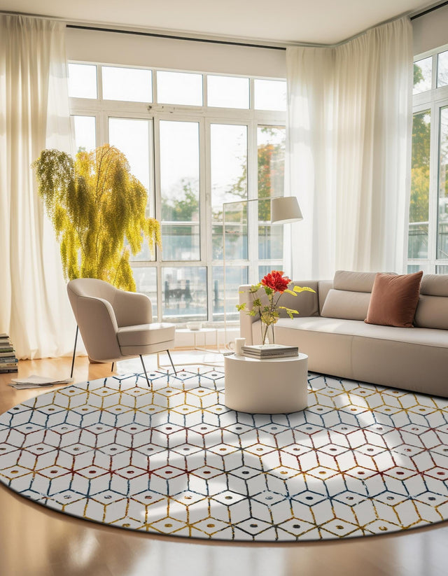 Multicolor 7' x 7' Matrix Trellis Round Area Rug 100% Polyester Geometric Pattern Modern Carpet for Living, Dining, Bedroom, Office for Sale at Rug Engine
