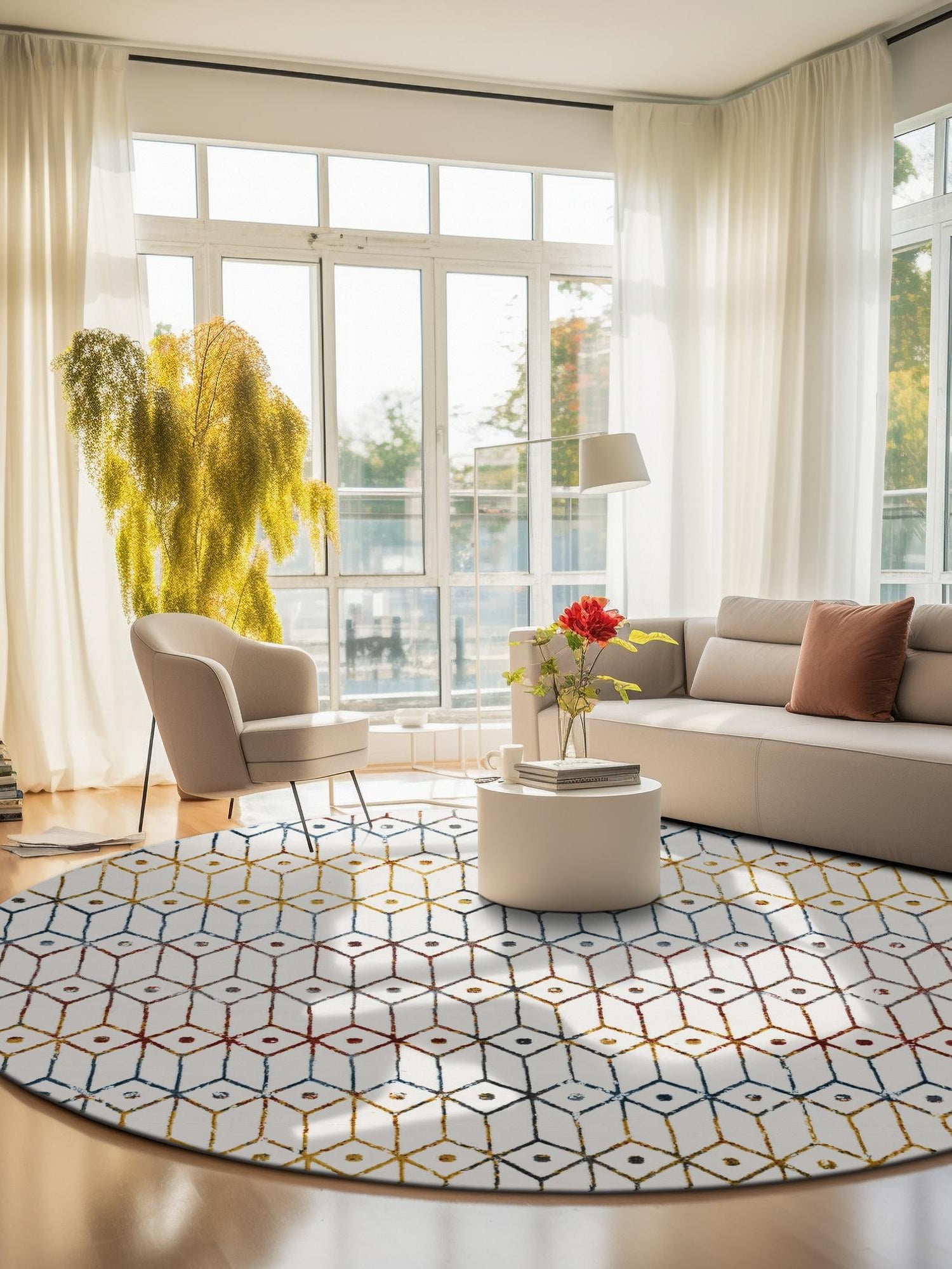 Multicolor 8' x 8' Matrix Trellis Round Area Rug 100% Polyester Geometric Pattern Modern Carpet for Living, Dining, Bedroom, Office for Sale at Rug Engine