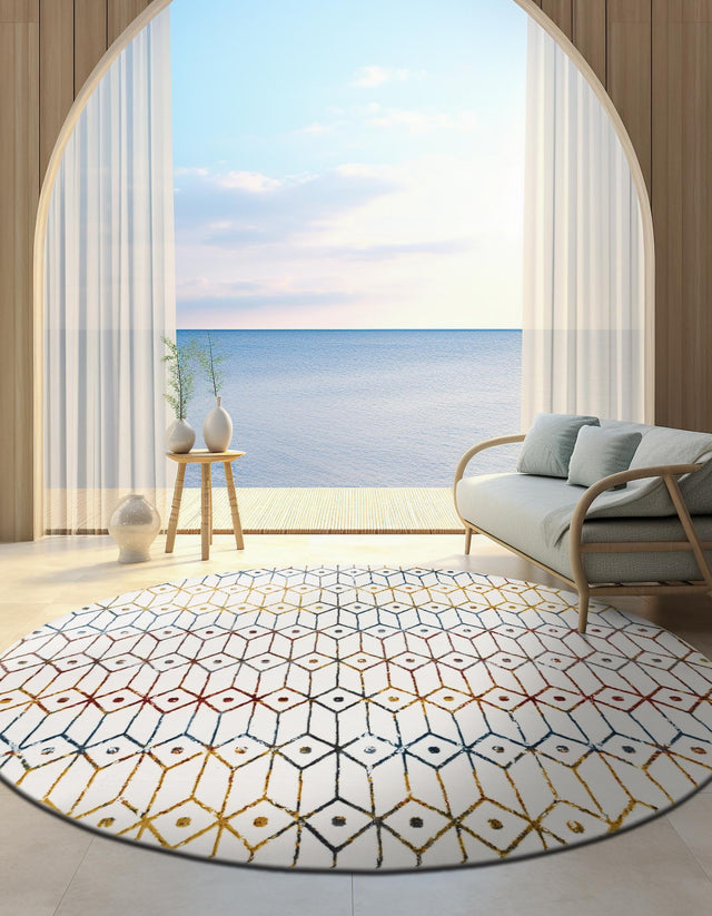 Multicolor 8' x 8' Matrix Trellis Round Area Rug 100% Polyester Geometric Pattern Modern Carpet for Living, Dining, Bedroom, Office for Sale at Rug Engine
