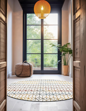 Multicolor 7' x 7' Matrix Trellis Round Area Rug 100% Polyester Geometric Pattern Modern Carpet for Living, Dining, Bedroom, Office for Sale at Rug Engine