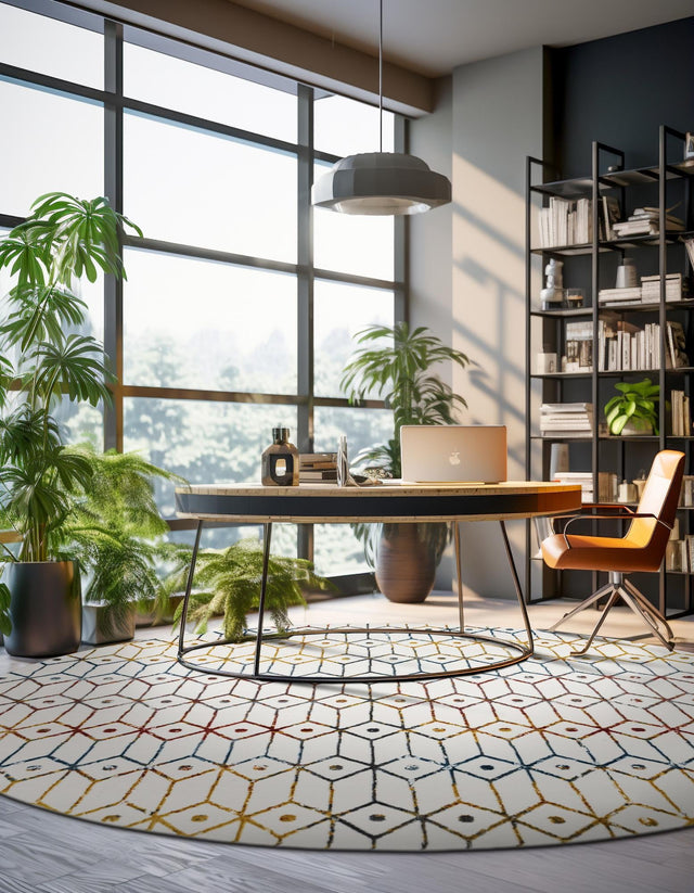 Multicolor 7' x 7' Matrix Trellis Round Area Rug 100% Polyester Geometric Pattern Modern Carpet for Living, Dining, Bedroom, Office for Sale at Rug Engine
