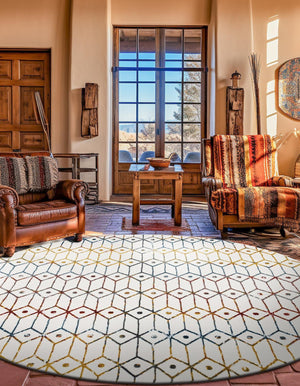 Multicolor 8' x 8' Matrix Trellis Round Area Rug 100% Polyester Geometric Pattern Modern Carpet for Living, Dining, Bedroom, Office for Sale at Rug Engine