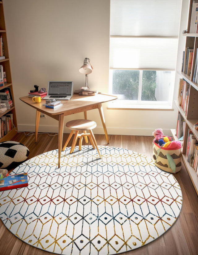 Multicolor 7' x 7' Matrix Trellis Round Area Rug 100% Polyester Geometric Pattern Modern Carpet for Living, Dining, Bedroom, Office for Sale at Rug Engine