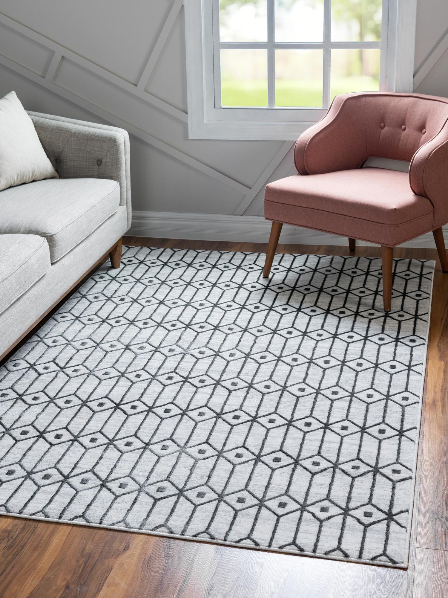 White 9' 10 x 14' 1 Matrix Trellis Rectangle Area Rug 100% Polyester Geometric Pattern Modern Carpet for Living, Dining, Bedroom, Office for Sale at Rug Engine